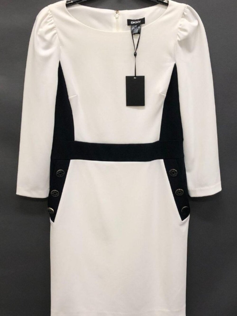 NWT DNKY Black & White 3/4 Sleeve Faux Pocket Women's Sheath Dress - Size 6